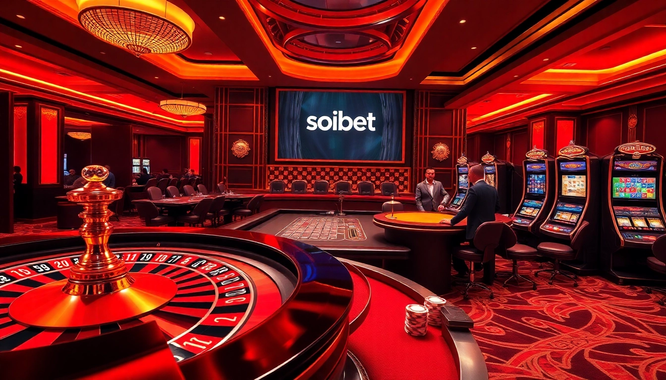 Players enjoying various casino games at Soibet, featuring poker chips and roulette wheel.
