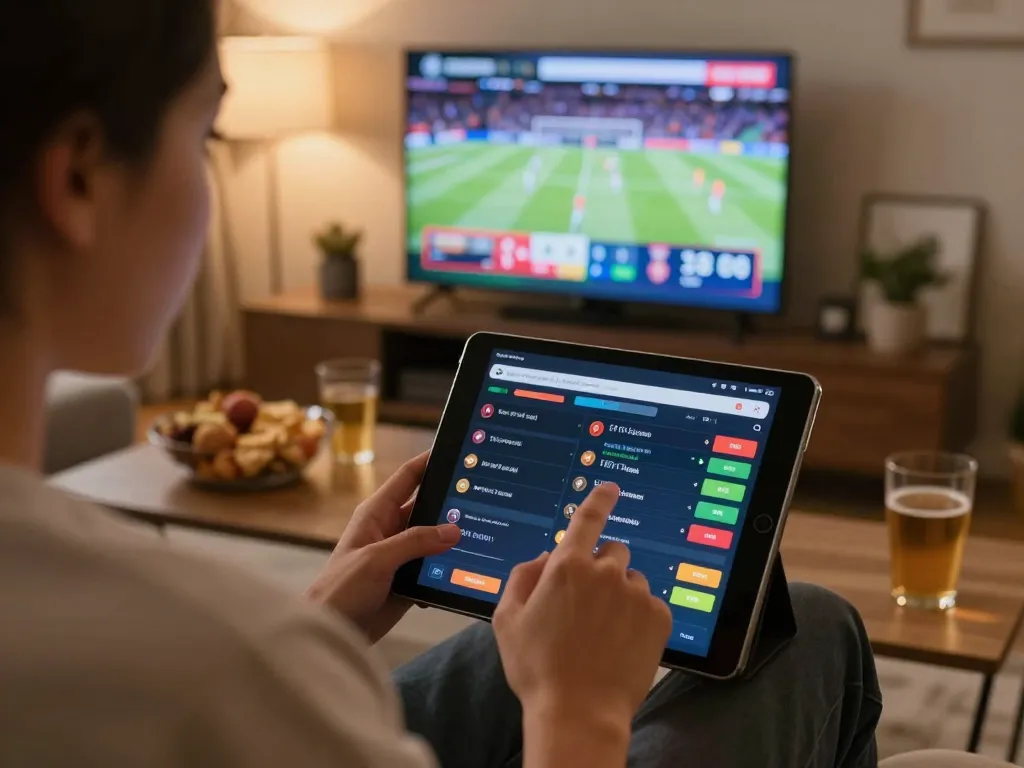 Engaging with hbet sports betting app on tablet in a cozy living room setting, capturing live action and strategy.
