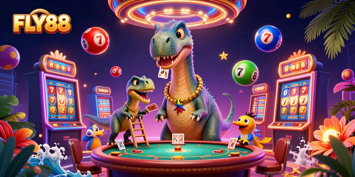 FLY88 engages players with a vibrant casino scene featuring animated games and friendly cartoon characters.