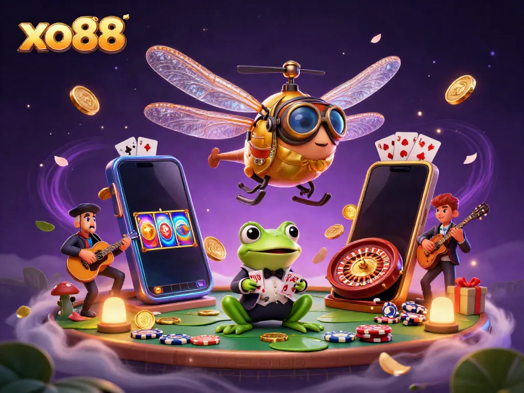 Experience xo88 with a vibrant 3D illustration of a dragonfly pilot and casino action.