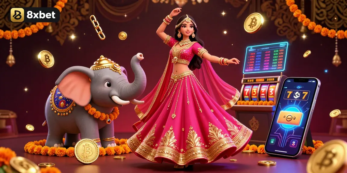 Experience thrilling gameplay at 8xbet with a vibrant illustration of casino fun, featuring an Asian woman and crypto elements.