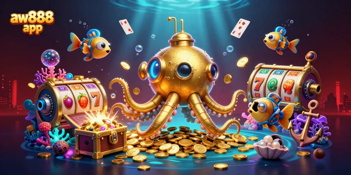 Engage with the aw888 app featuring a golden kraken submarine and slot elements in a treasure-filled scene.