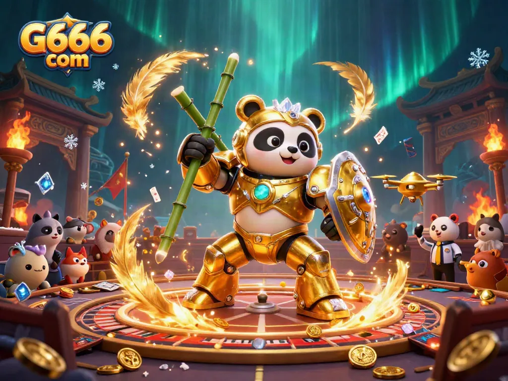 Engage in exciting gambling with G666 com as the golden panda pilots a bamboo robot in a dynamic casino arena.