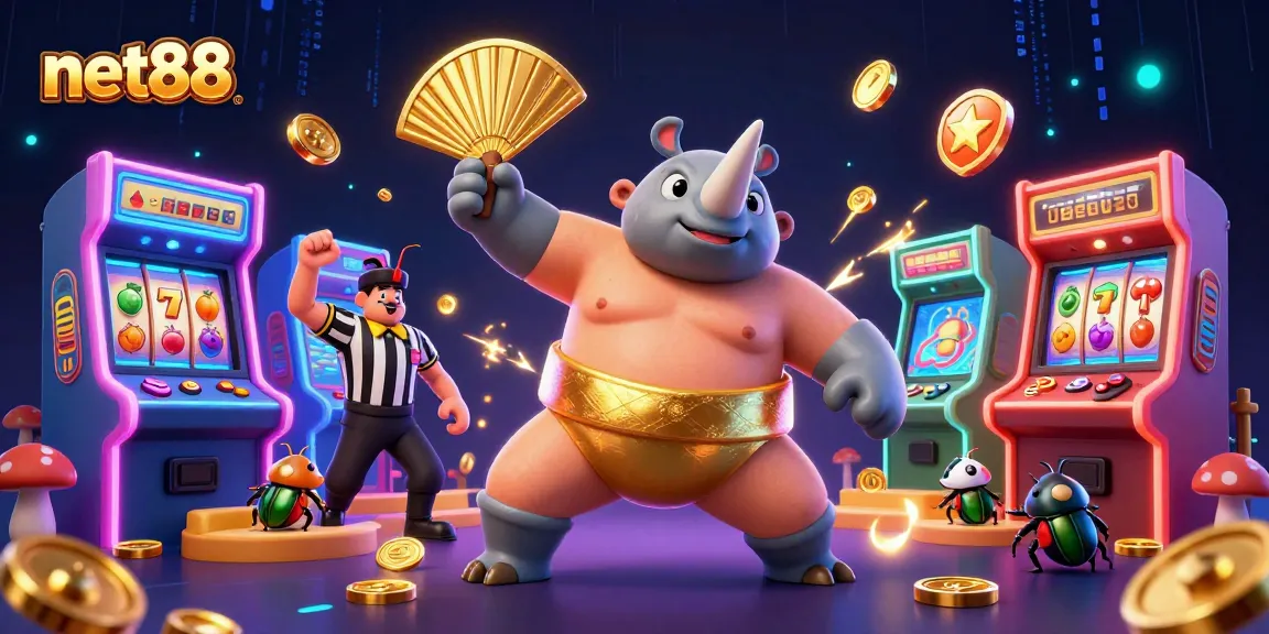 net88 features a sumo beetle champion amidst flying coins, arcade games, and vibrant casino flair