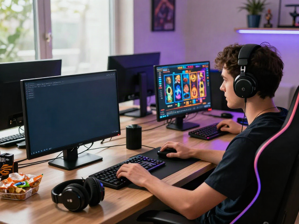 Jogador envolvido em um jogo de slot online em um ambiente moderno e iluminado.