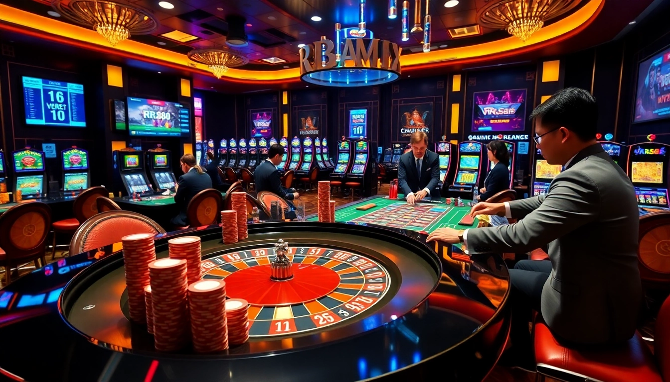 Experience thrilling gaming at RR88 with poker chips and vibrant casino tables.
