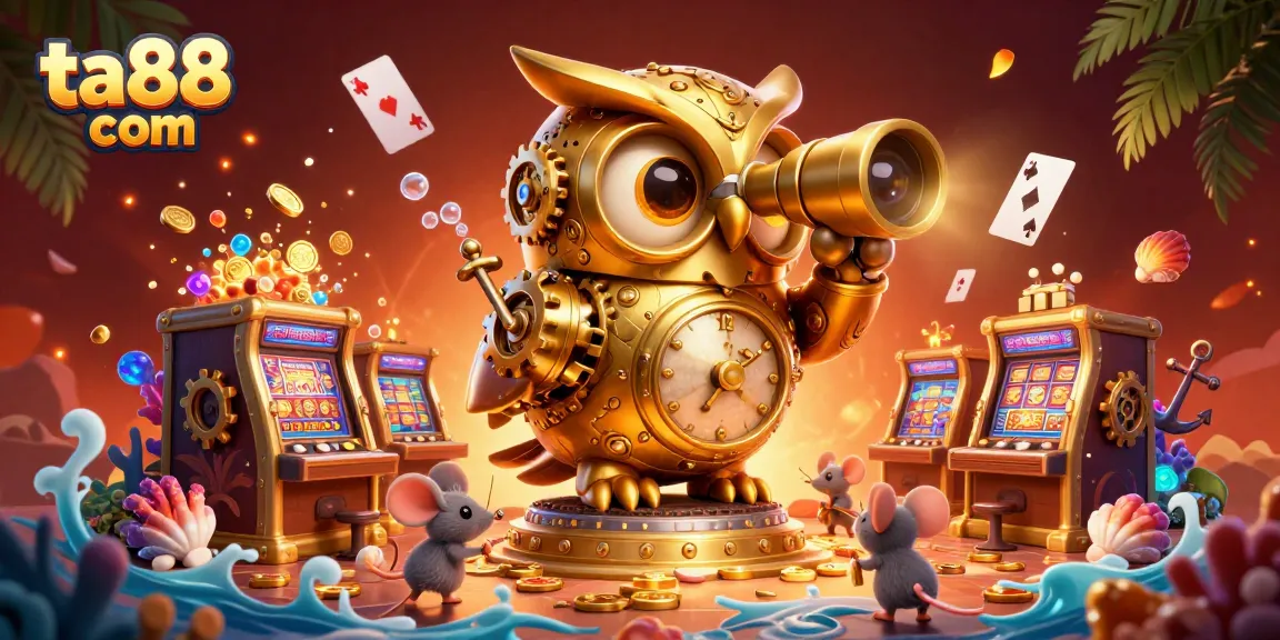 Experience excitement at ta88 com with a clockwork owl and animated casino elements.