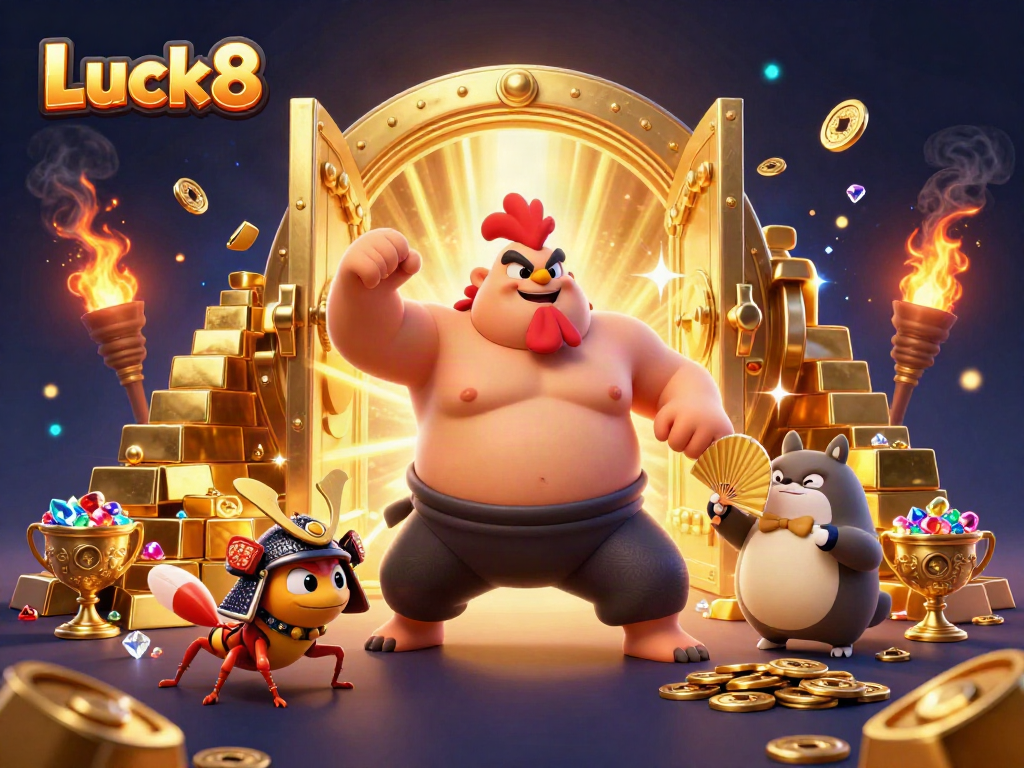 Experience the excitement of Luck8 with a colorful 3D casino scene featuring unique characters and treasures.