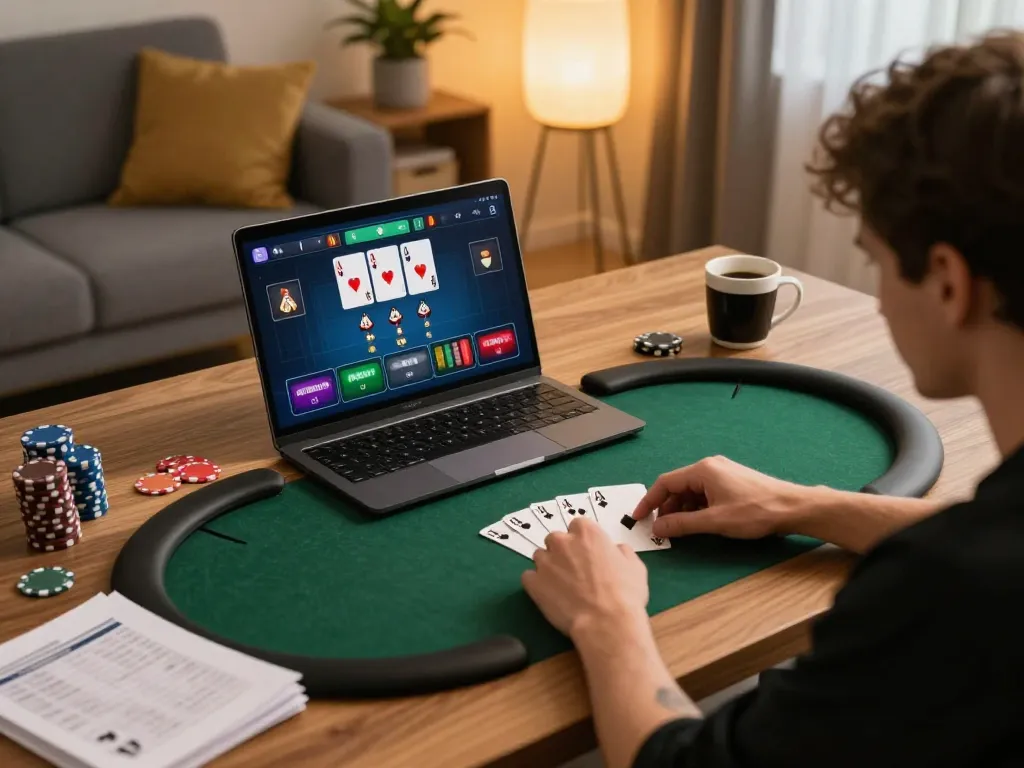 Engaged player strategizing in an online poker game at home, showcasing 79club, the top gambling platform.