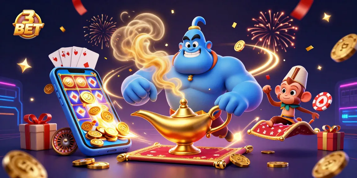 Experience thrilling wins with 3 BET in a vibrant casino scene featuring magical elements and game symbols.