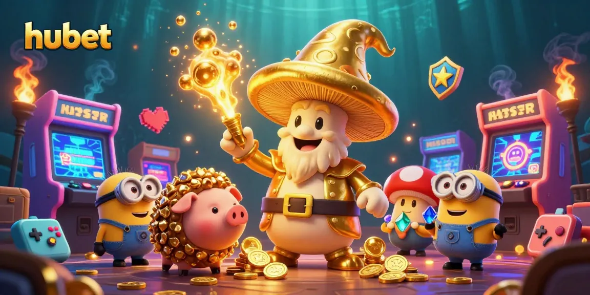 Immerse in hubet's vibrant casino world with golden wizard and game treasures.
