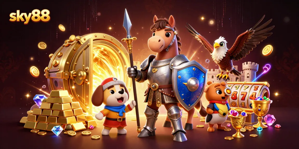 Experience thrilling wins at sky88 with a vibrant, dynamic casino scene featuring a knight, squire puppy, and treasures.