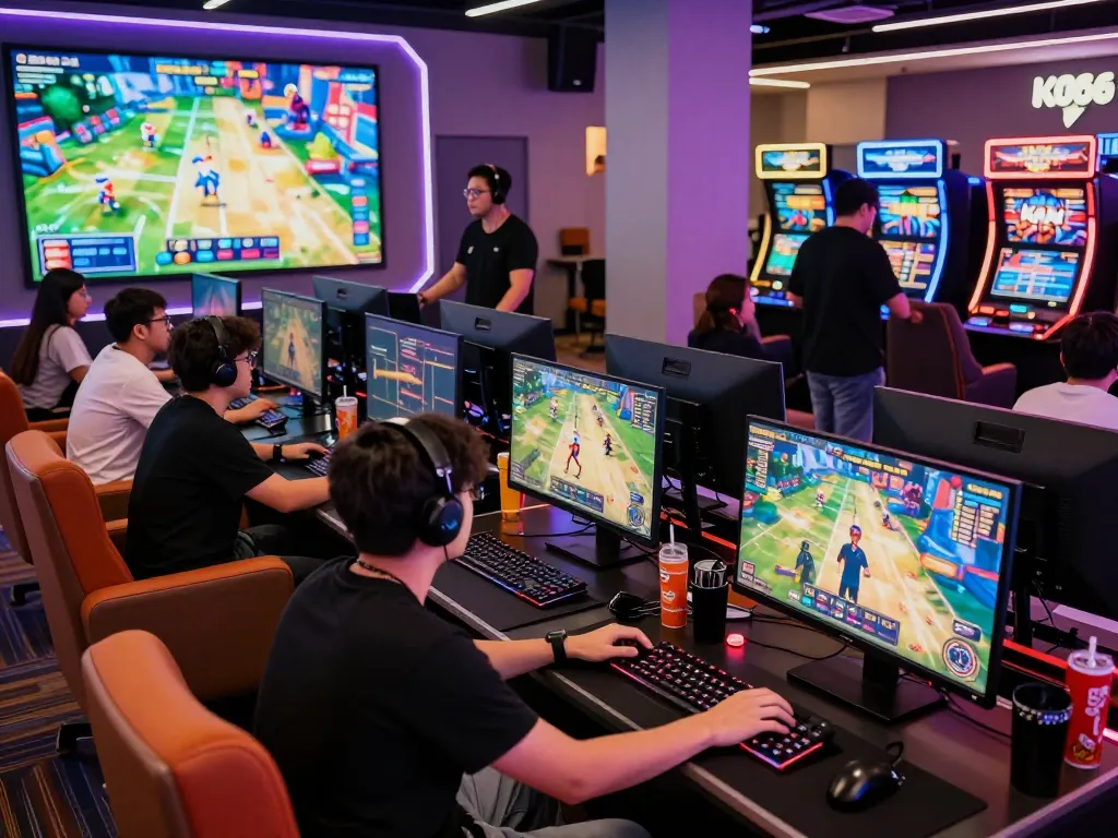 Engaged players enjoying KO66 GAME in a dynamic online gaming lounge with vibrant lighting and interactive screens.