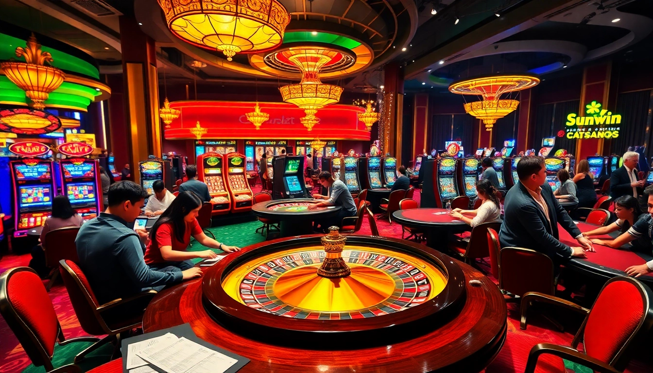 Experience the thrill of gambling at sunwin's luxurious casino with exciting tables and vibrant players.