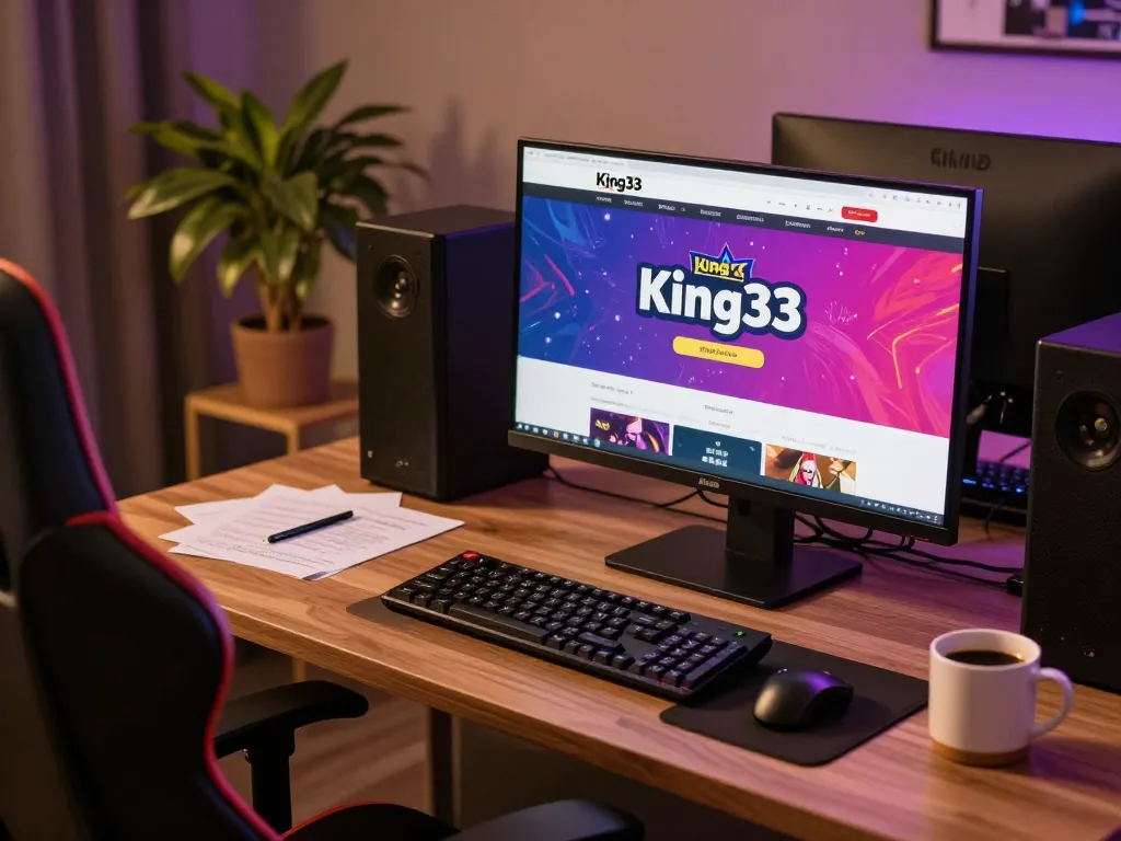 Engaging online gaming setup displaying King33 website interface, warm lighting and strategic notes visible.