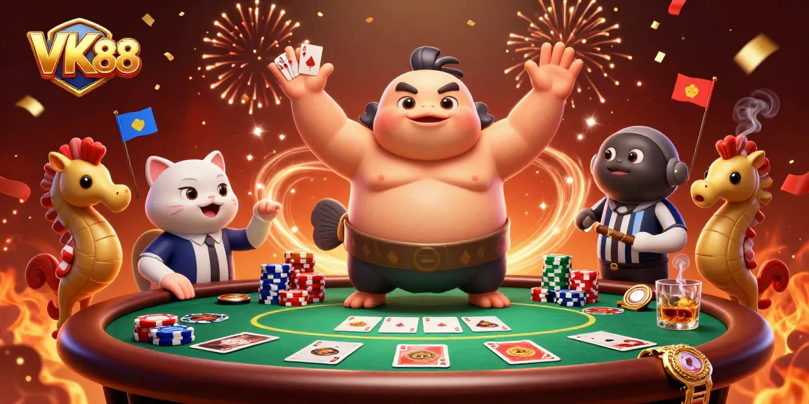 VK 88 features a lively casino scene with a 3D cartoon fugu competing at a poker table while being watched by seahorse fans.