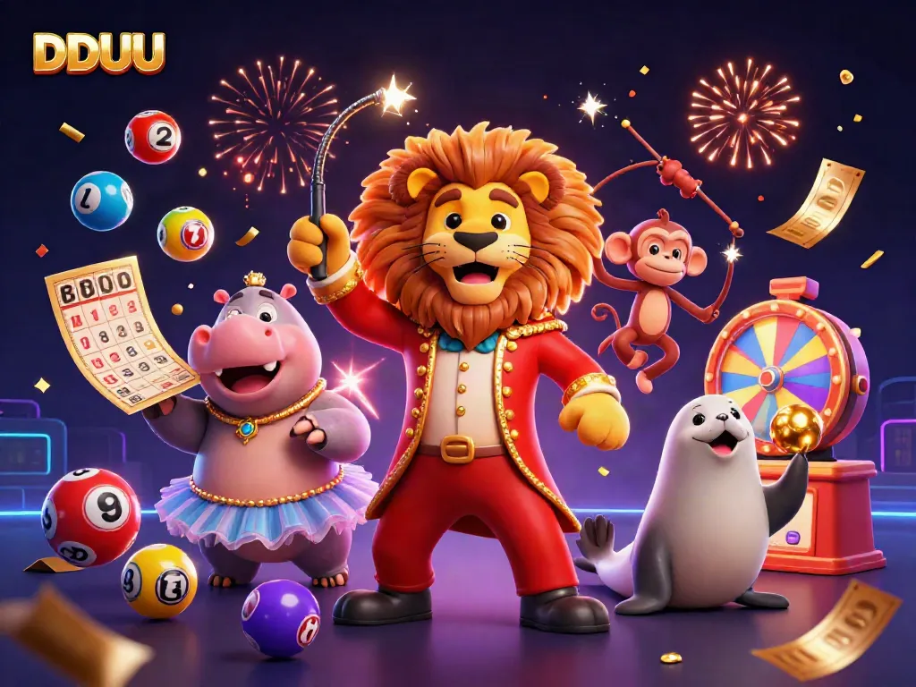 Engage with DDUU's thrilling gaming experience featuring fun circus characters amid festive elements.