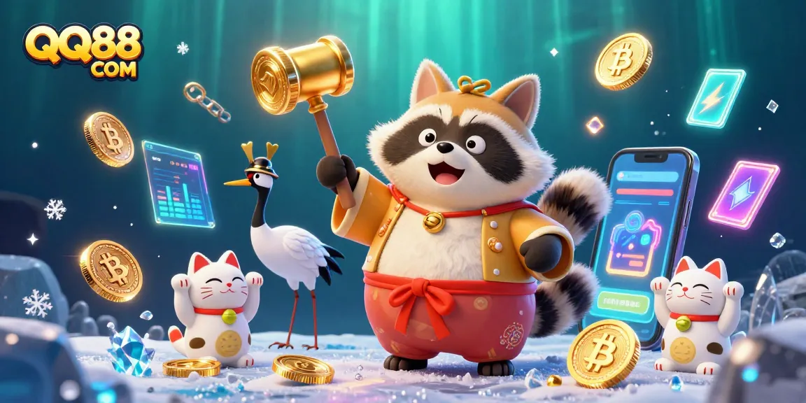 Engage in thrilling gameplay with QQ88 COM featuring festive tanuki and crypto elements in a vibrant casino scene.
