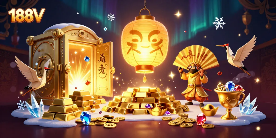 Engage in thrilling gameplay at 188V with vibrant casino elements, gold treasures, and lucky symbols.