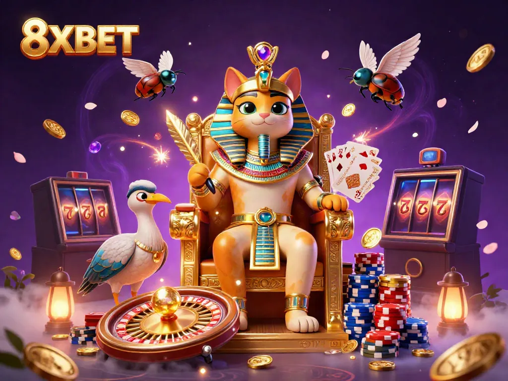 Engage with 8XBET's thrilling casino atmosphere featuring pharaoh cat and golden elements.