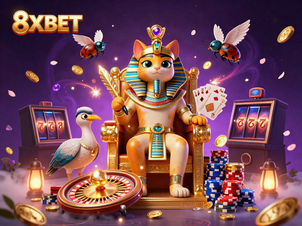 Engage with 8XBET's thrilling casino atmosphere featuring pharaoh cat and golden elements.