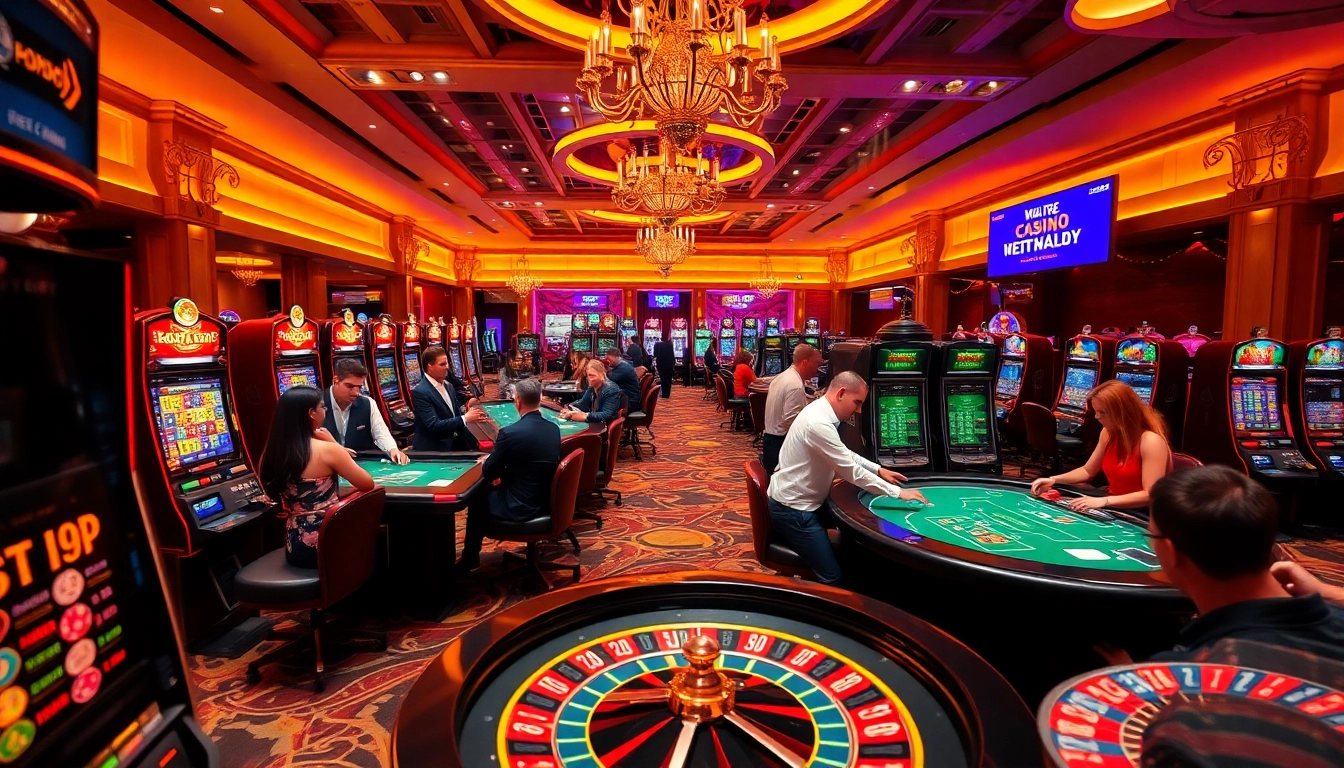Hi88 gamblers engaging at vibrant casino tables celebrating wins with slots and cards.