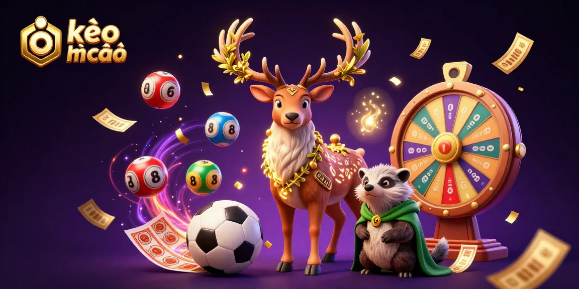 Engage with kèo nhà cái in a vibrant sports betting scene showcasing dynamic lottery elements, footballs, and trophies.