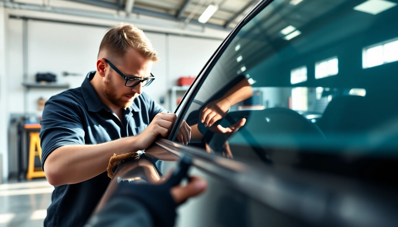 Applying window tint Chattanooga by a skilled technician in a bright garage setting.