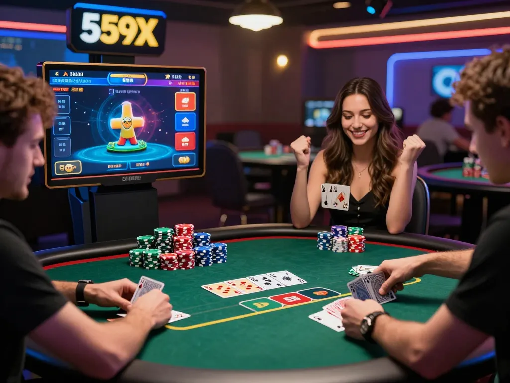 Players engage in strategic poker game at 559X online casino, with vibrant graphics and animations creating an exciting atmosphere.