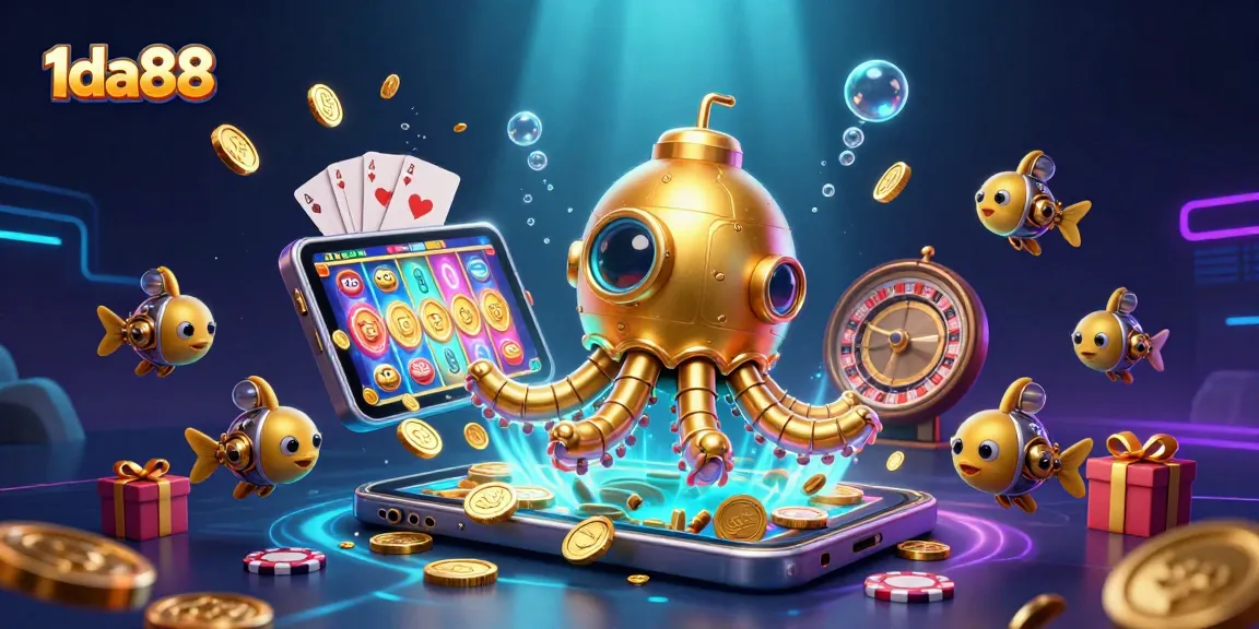 Engage with vibrant 1da88 slot games featuring a golden kraken submarine and sparkling coins.