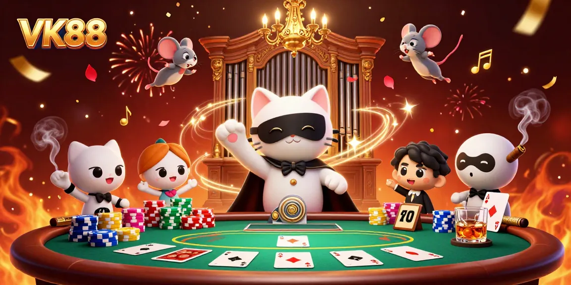 Play at VK88 and enjoy vibrant casino excitement with a phantom in a lavish scene.