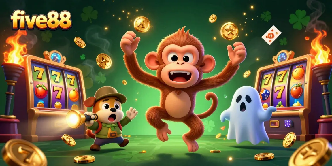 Experience thrilling slot gameplay at five88 with golden elements dancing in a vibrant casino scene.