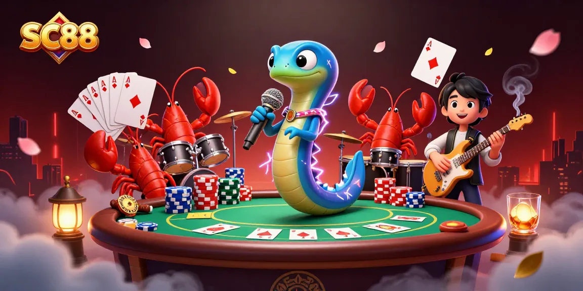 SC88 electric eel DJ igniting an underwater casino party with vibrant poker elements.