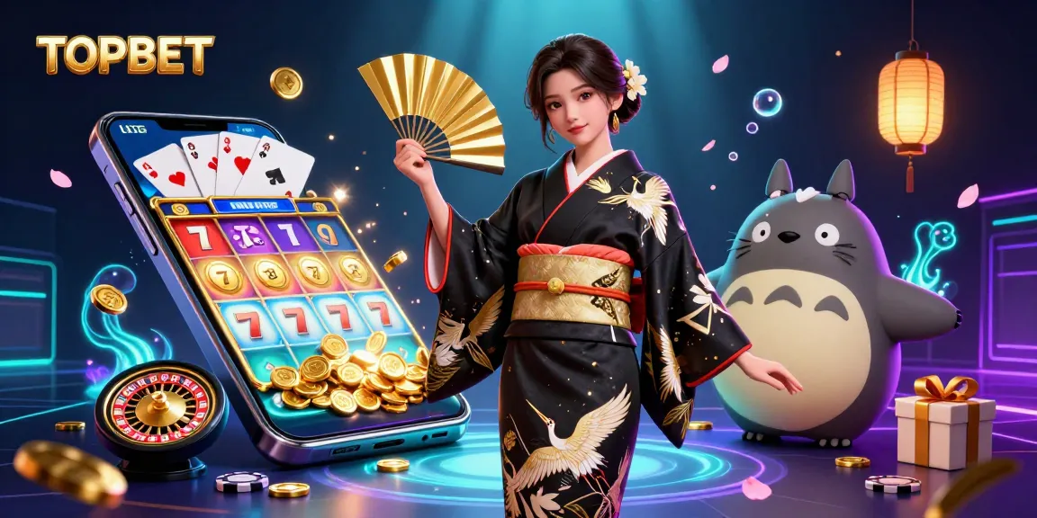 Experience thrilling entertainment at TOPBET with an illustration showcasing a vibrant Asian woman and a wise tanuki beside colorful casino elements.