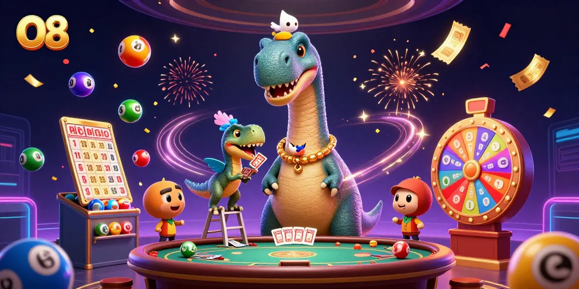 Experience excitement at O8 with a towering brontosaurus and vibrant gaming elements.