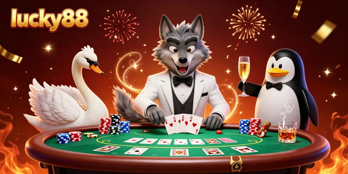 Play and win big with lucky88 at an exciting baccarat table featuring vibrant characters.