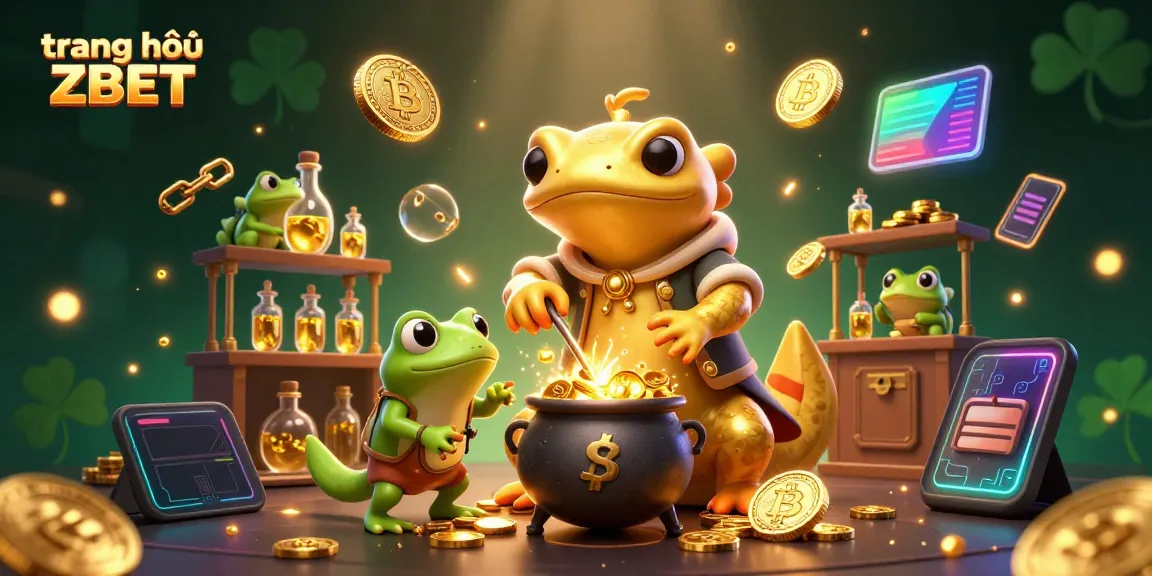 Engage with trang chủ ZBET in a lively scene of a golden alchemist and frog apprentice creating wealth through gold coins.