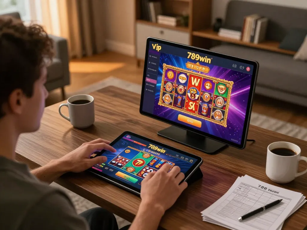 Engaged player utilizing the 789win vip app for online casino gaming in a cozy home environment.