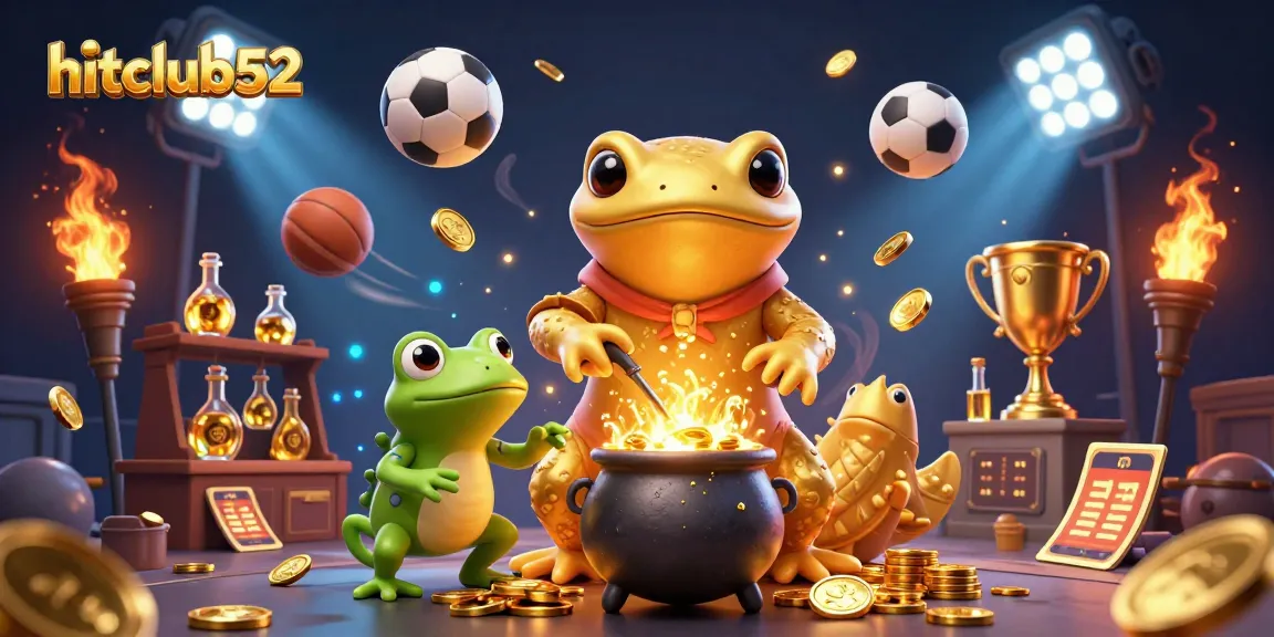 Engage in thrilling gaming at hitclub52, featuring a vibrant illustration of golden casino elements.