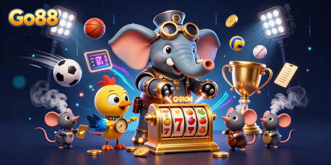 Go88's vibrant 3D scene showcases a whimsical elephant engineer spinning a golden slot machine amidst flying sports elements and jackpots.