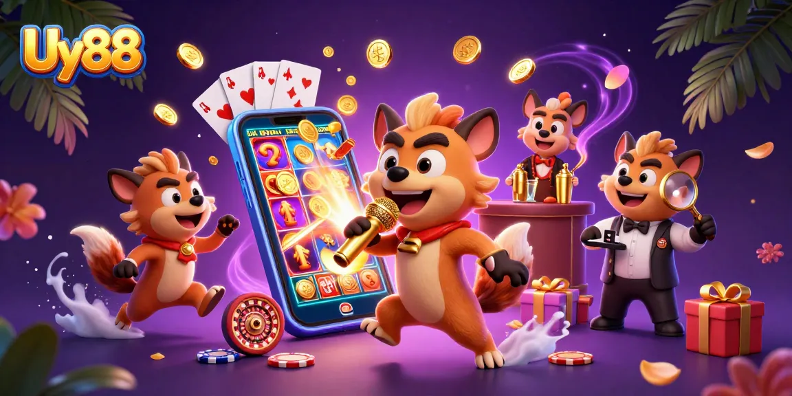 Uy88 hyenas entertain in a vibrant casino scene with slots and poker elements.