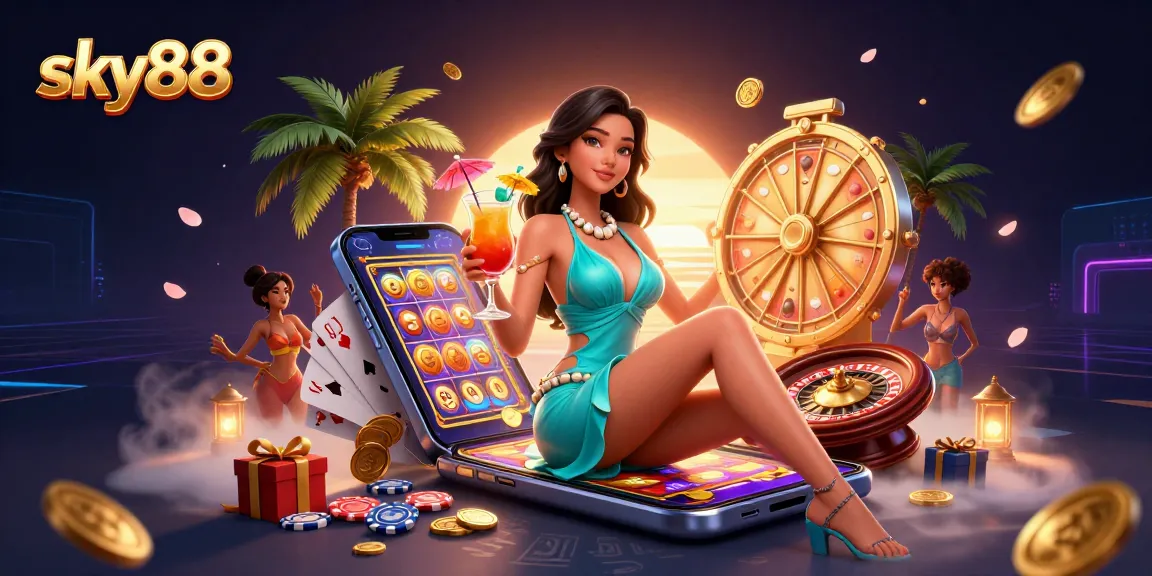 Sky88 showcases a glamorous Asian woman enjoying slots and gambling in a vibrant beach casino scene.