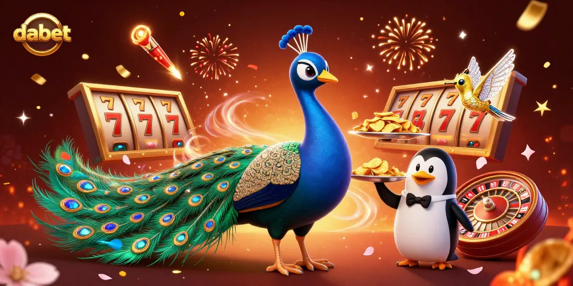 Experience exciting gameplay at Dabet with a vibrant casino illustration featuring a peacock and gaming elements.