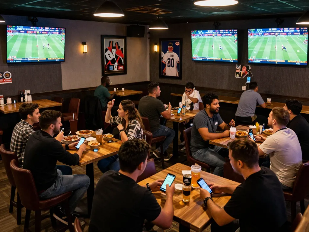 Excited fans participating in sports betting at x333, placing bets on live games with smartphones.