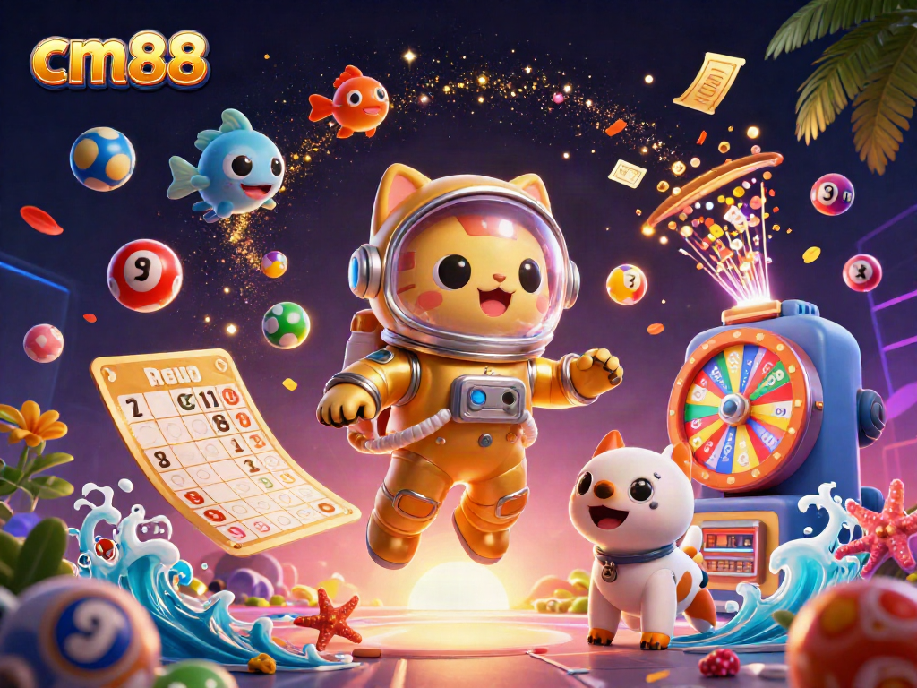 Experience winning at cm88 with an energetic scene of gambling and fun elements in a vibrant 3D illustration.