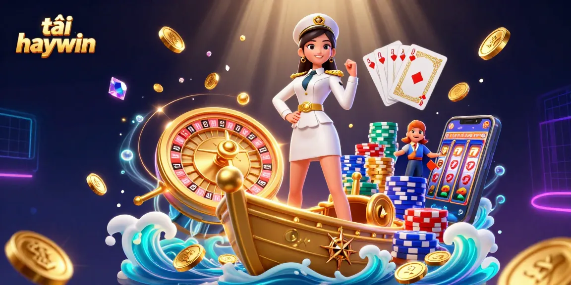 Tải haywin with stunning casino scene featuring 3D roulette, sparkling gems, and golden coins.