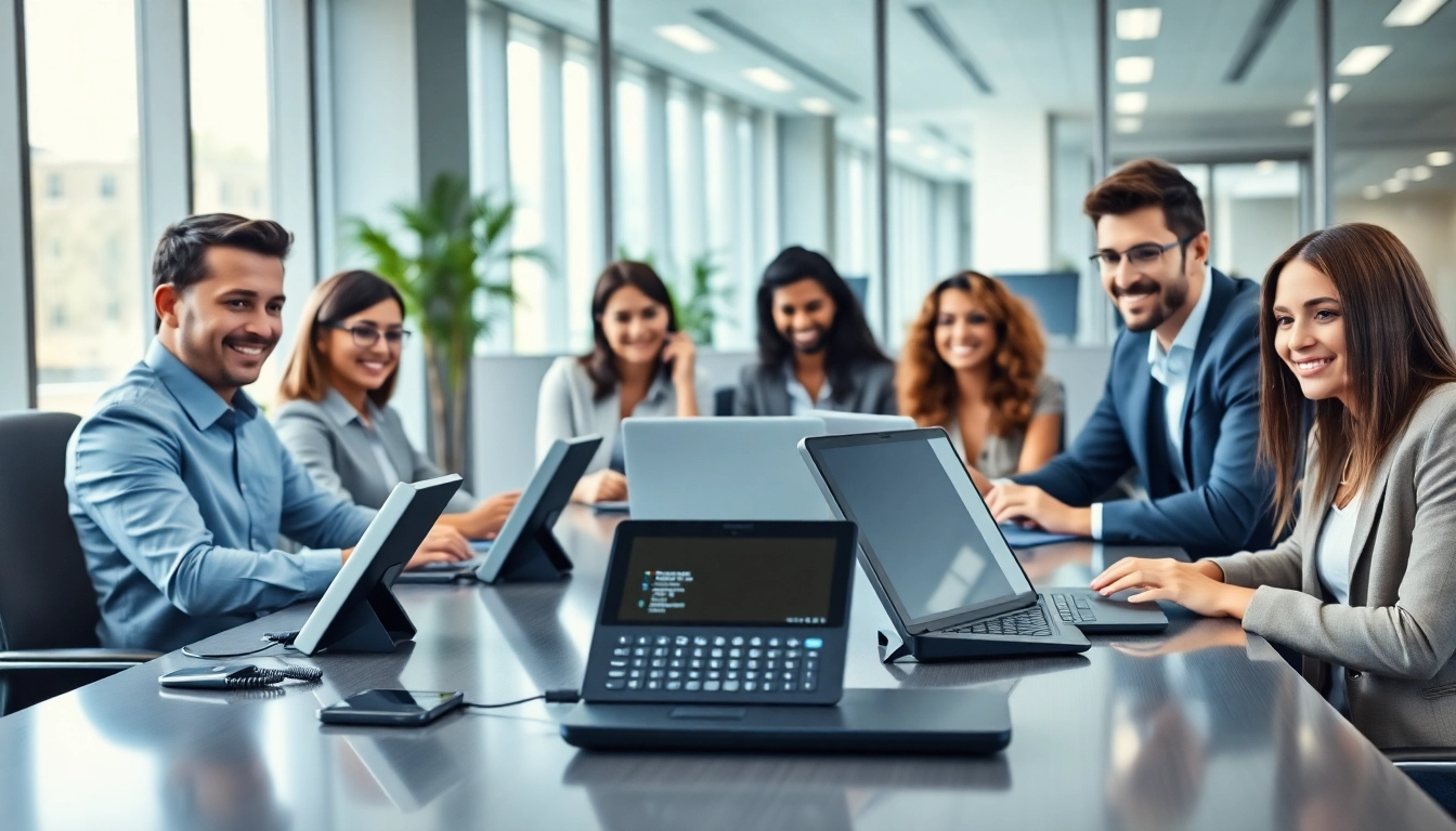 Engage effectively with business phone systems showcased in a modern office setting.