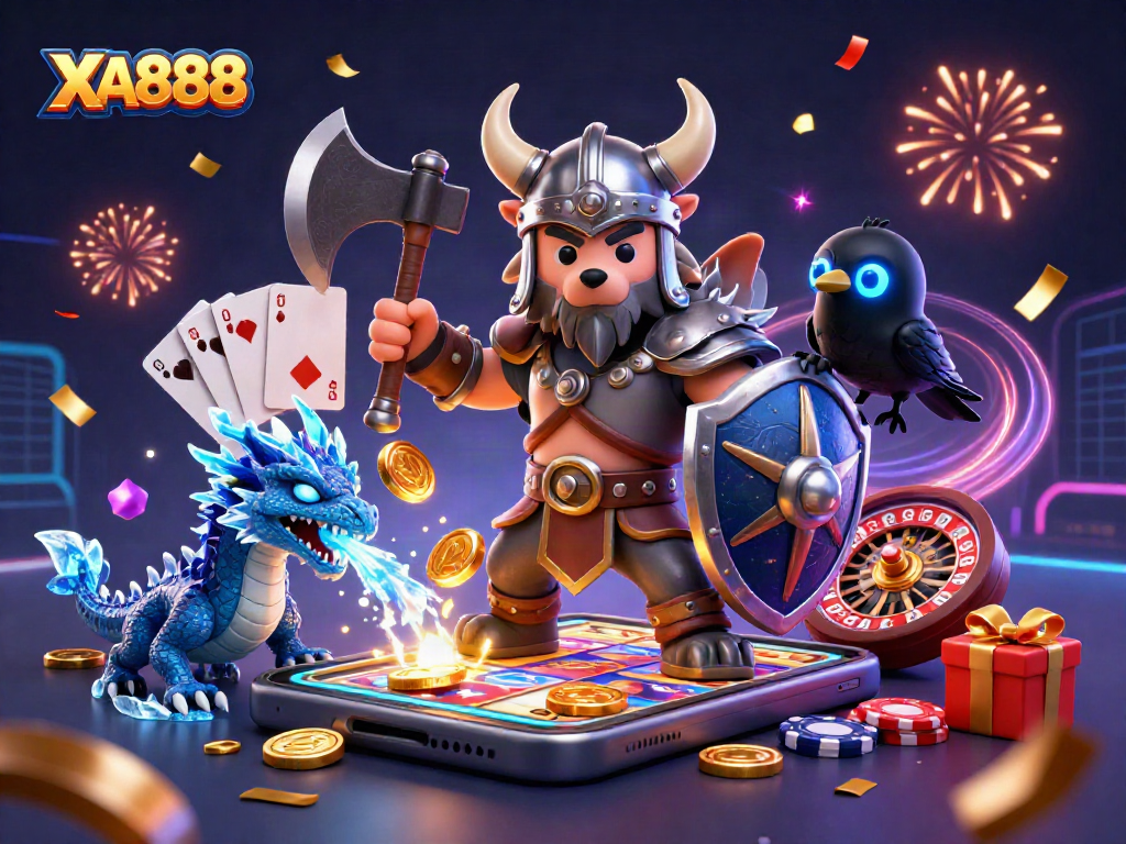 Exciting scene with XA888 featuring a Viking wolf warrior, dragon, and casino games like slots and poker chips.