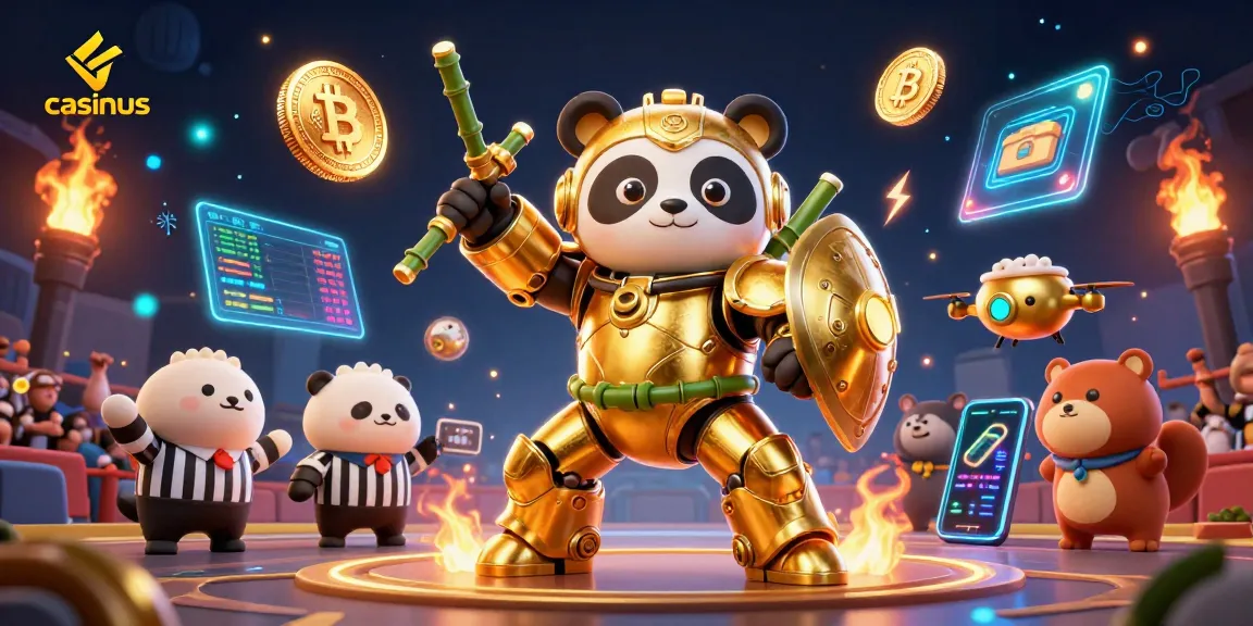 Experience thrilling gaming at casinous with a dynamic 3D panda in a mech suit and crypto elements.