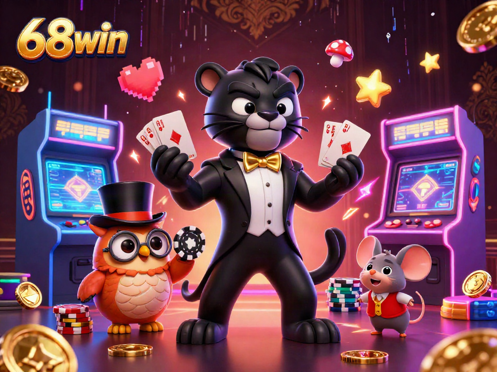 Experience the thrill of 68win with elegant characters dealing cards and poker chips in a vibrant casino.